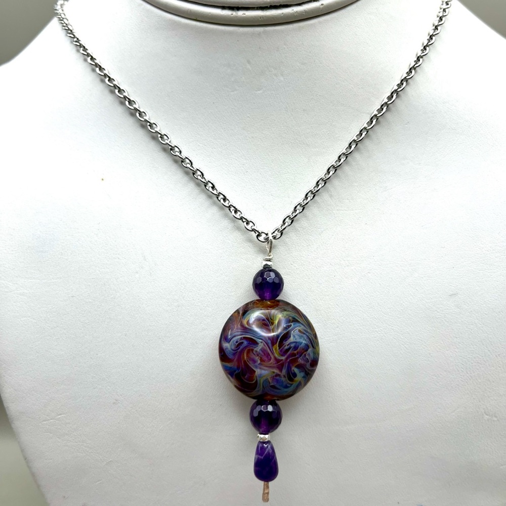 Silver Tone Chain Necklace Handmade Fused Glass Pendant Amethyst Bead Artisan